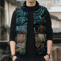 New Zealand Tui Bird Taiaha Sleeveless Puffer Jacket Maori Weapon Paua Shell Mix Silver Fern LT14 - Polynesian Pride