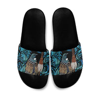 New Zealand Tui Bird Taiaha Slide Sandals Maori Weapon Paua Shell Mix Silver Fern LT14 Turquoise - Polynesian Pride