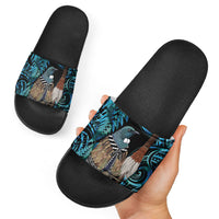 New Zealand Tui Bird Taiaha Slide Sandals Maori Weapon Paua Shell Mix Silver Fern LT14 - Polynesian Pride