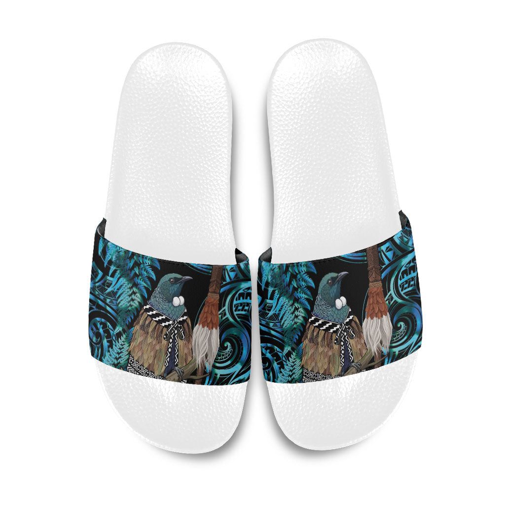 New Zealand Tui Bird Taiaha Slide Sandals Maori Weapon Paua Shell Mix Silver Fern LT14 Turquoise - Polynesian Pride
