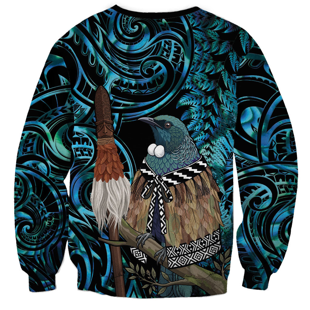 New Zealand Tui Bird Taiaha Sweatshirt Maori Weapon Paua Shell Mix Silver Fern LT14 - Polynesian Pride