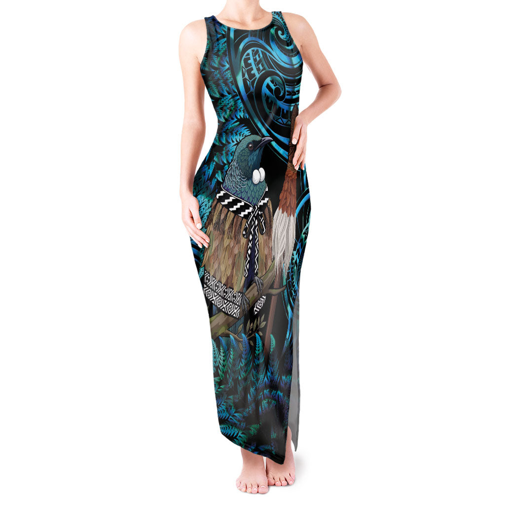 New Zealand Tui Bird Taiaha Tank Maxi Dress Maori Weapon Paua Shell Mix Silver Fern LT14 Women Turquoise - Polynesian Pride