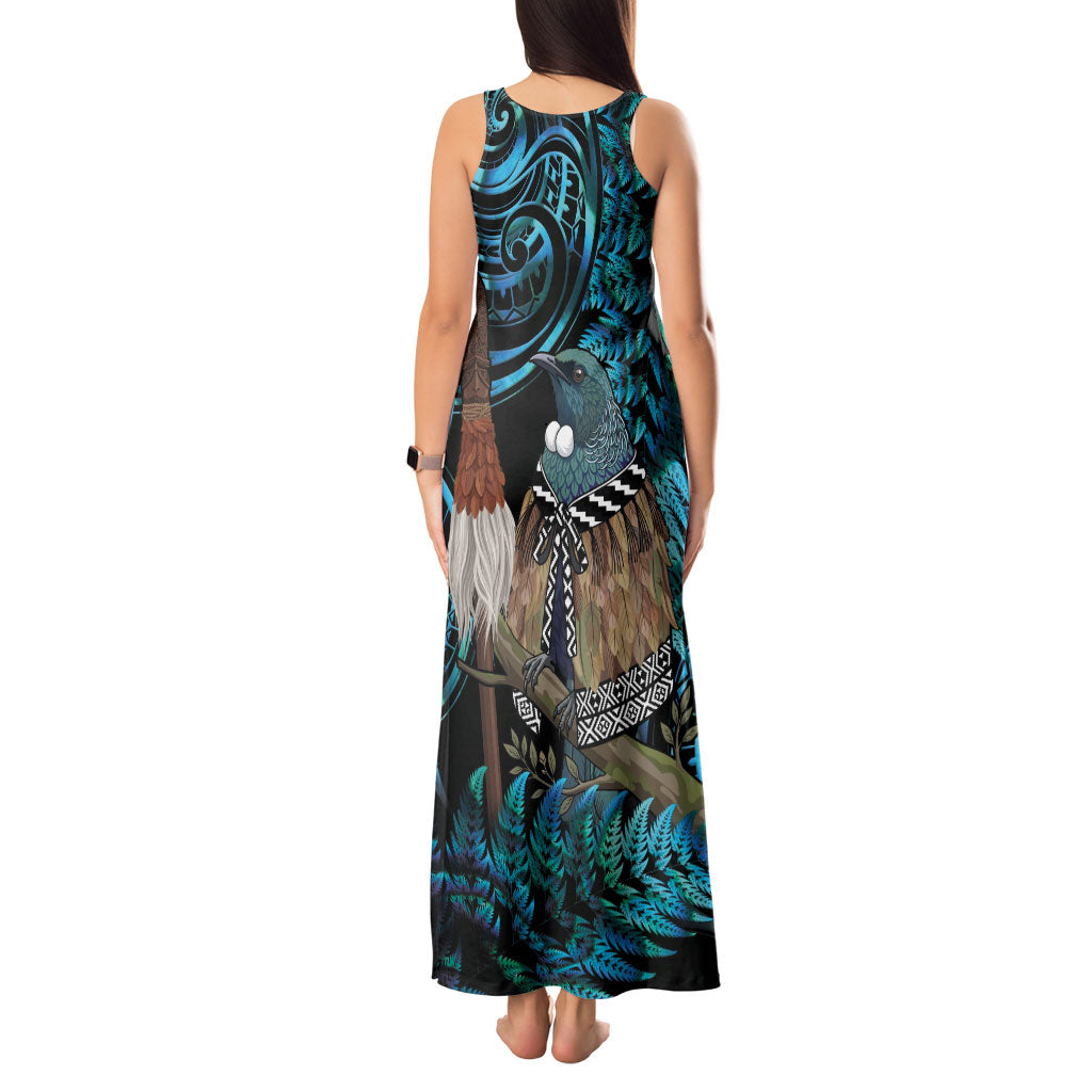 New Zealand Tui Bird Taiaha Tank Maxi Dress Maori Weapon Paua Shell Mix Silver Fern LT14 - Polynesian Pride