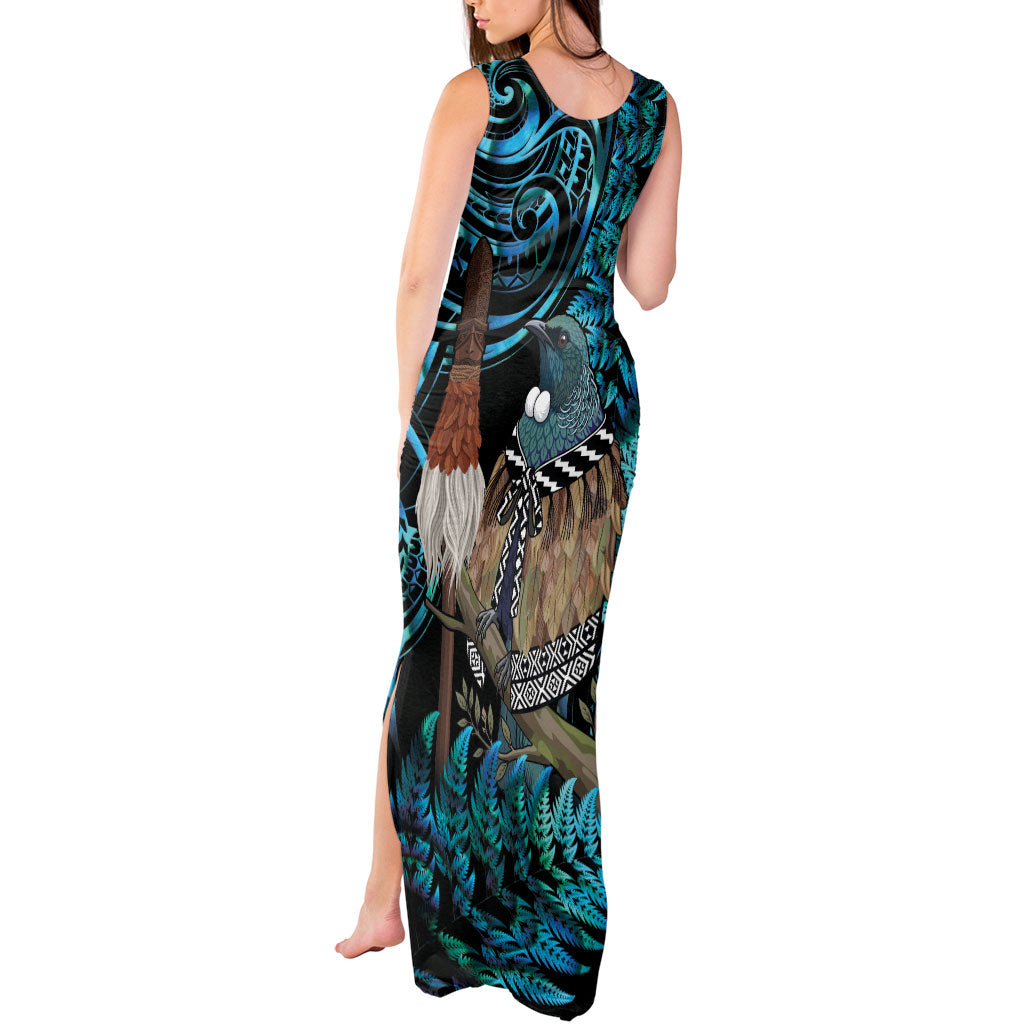 New Zealand Tui Bird Taiaha Tank Maxi Dress Maori Weapon Paua Shell Mix Silver Fern LT14 - Polynesian Pride