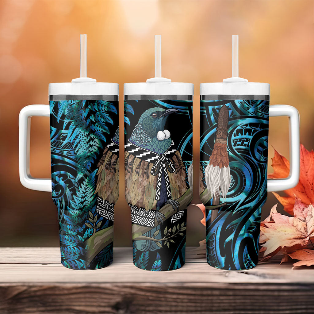 New Zealand Tui Bird Taiaha Tumbler With Handle Maori Weapon Paua Shell Mix Silver Fern LT14 - Polynesian Pride