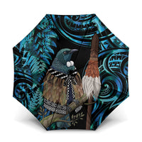 New Zealand Tui Bird Taiaha Umbrella Maori Weapon Paua Shell Mix Silver Fern LT14 One Size Folded 11.42 inch Opened Diameter 37.4 inch Turquoise - Polynesian Pride