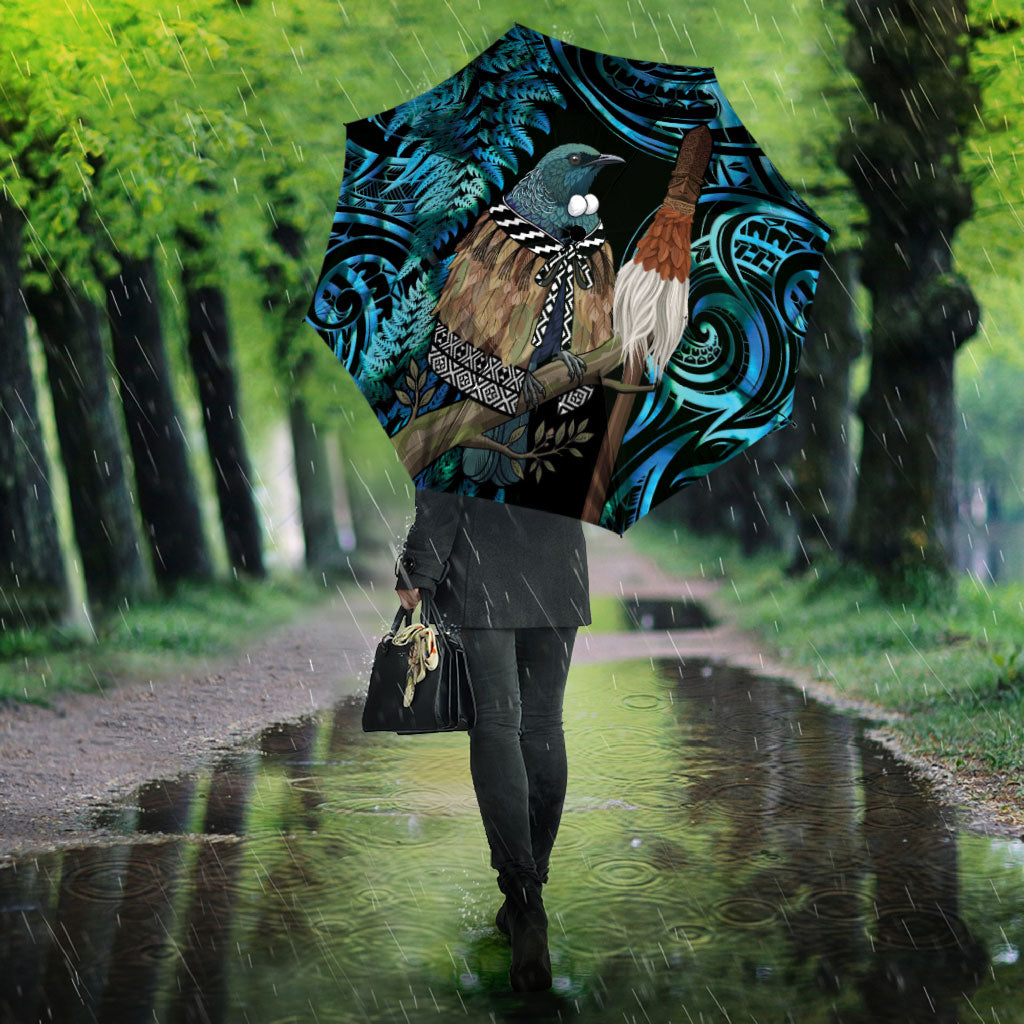 New Zealand Tui Bird Taiaha Umbrella Maori Weapon Paua Shell Mix Silver Fern LT14 - Polynesian Pride