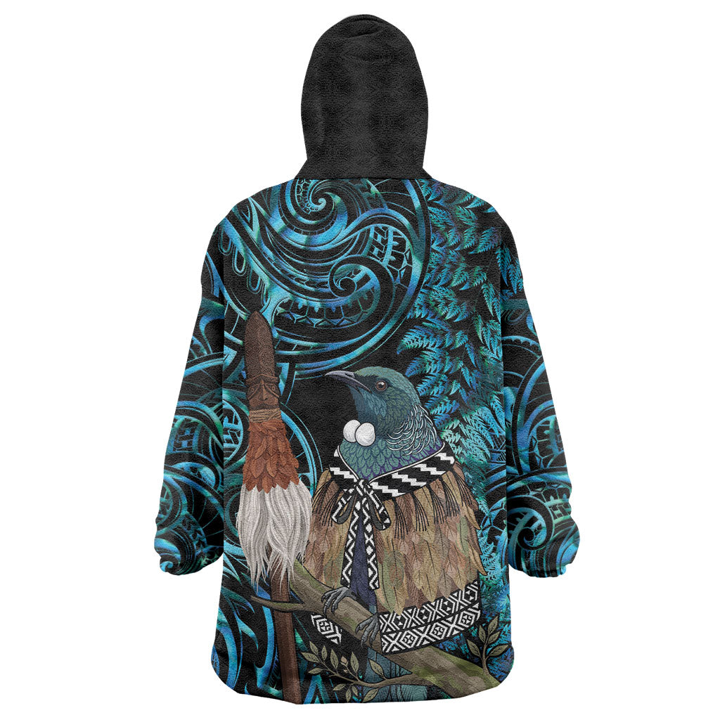 New Zealand Tui Bird Taiaha Wearable Blanket Hoodie Maori Weapon Paua Shell Mix Silver Fern LT14 - Polynesian Pride