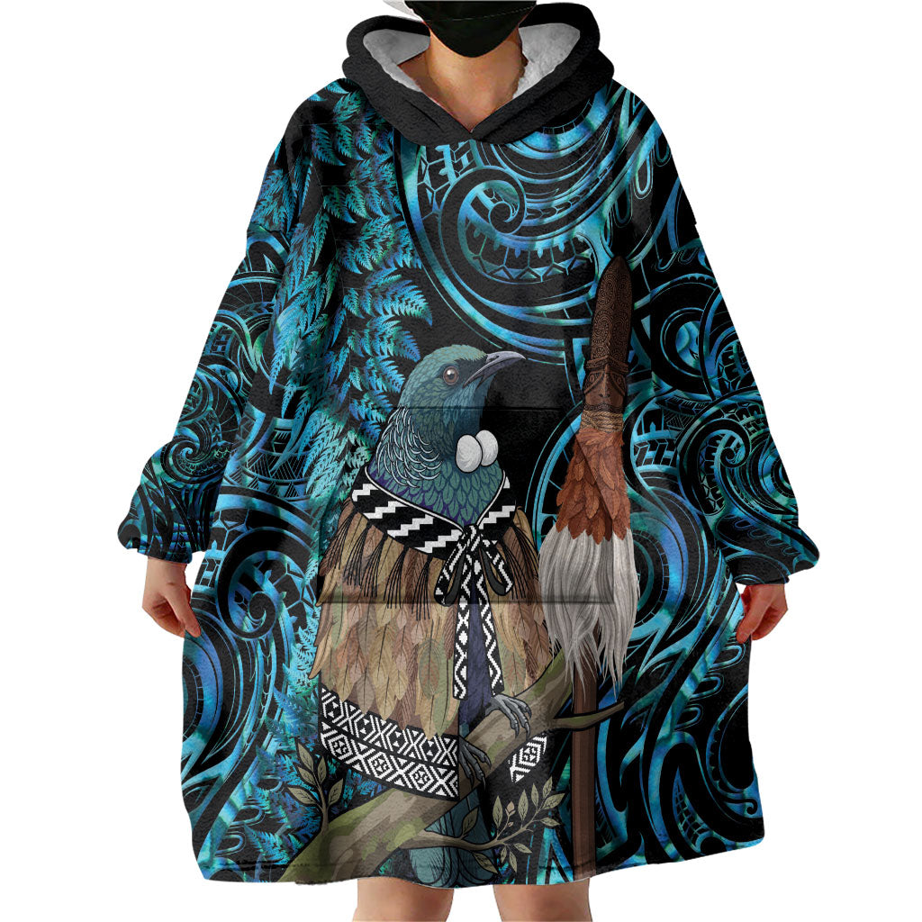 New Zealand Tui Bird Taiaha Wearable Blanket Hoodie Maori Weapon Paua Shell Mix Silver Fern LT14 - Polynesian Pride
