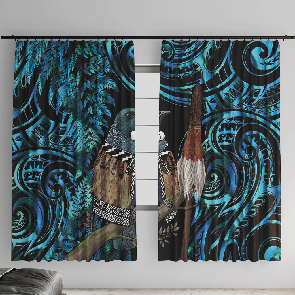 New Zealand Tui Bird Taiaha Window Curtain Maori Weapon Paua Shell Mix Silver Fern LT14 With Hooks Turquoise - Polynesian Pride