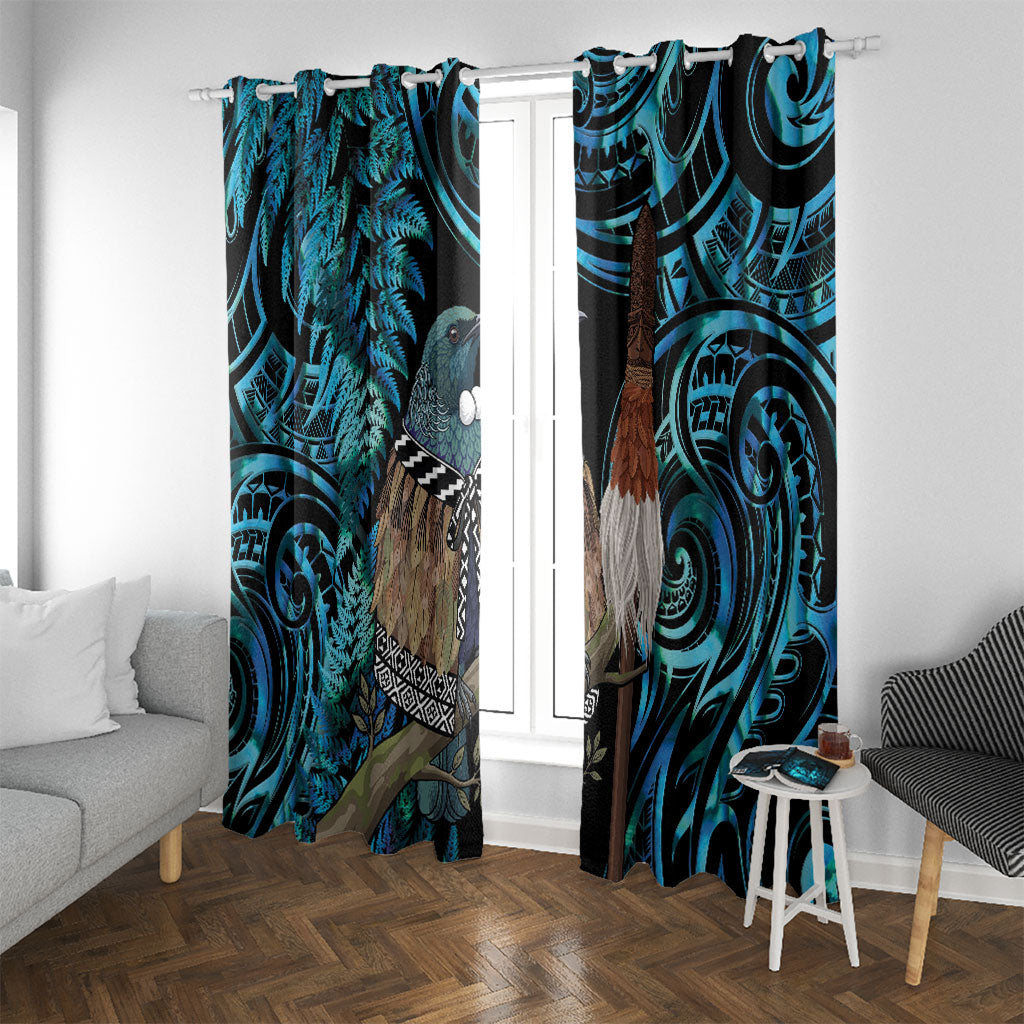New Zealand Tui Bird Taiaha Window Curtain Maori Weapon Paua Shell Mix Silver Fern LT14 With Grommets Turquoise - Polynesian Pride