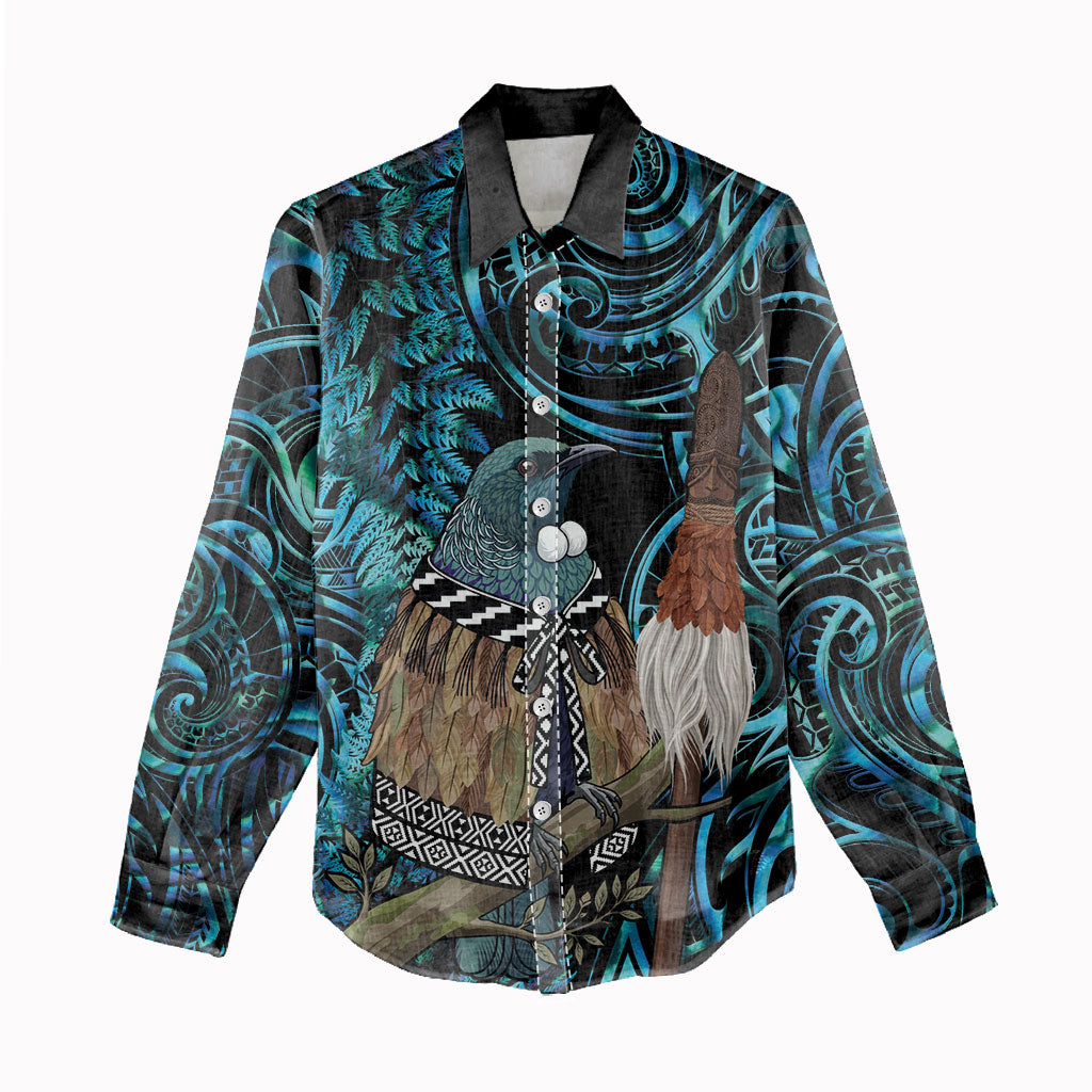 New Zealand Tui Bird Taiaha Women Casual Shirt Maori Weapon Paua Shell Mix Silver Fern LT14 - Polynesian Pride