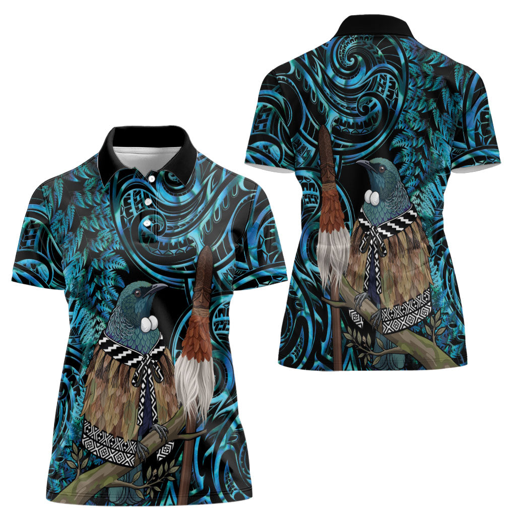 New Zealand Tui Bird Taiaha Women Polo Shirt Maori Weapon Paua Shell Mix Silver Fern LT14 - Polynesian Pride