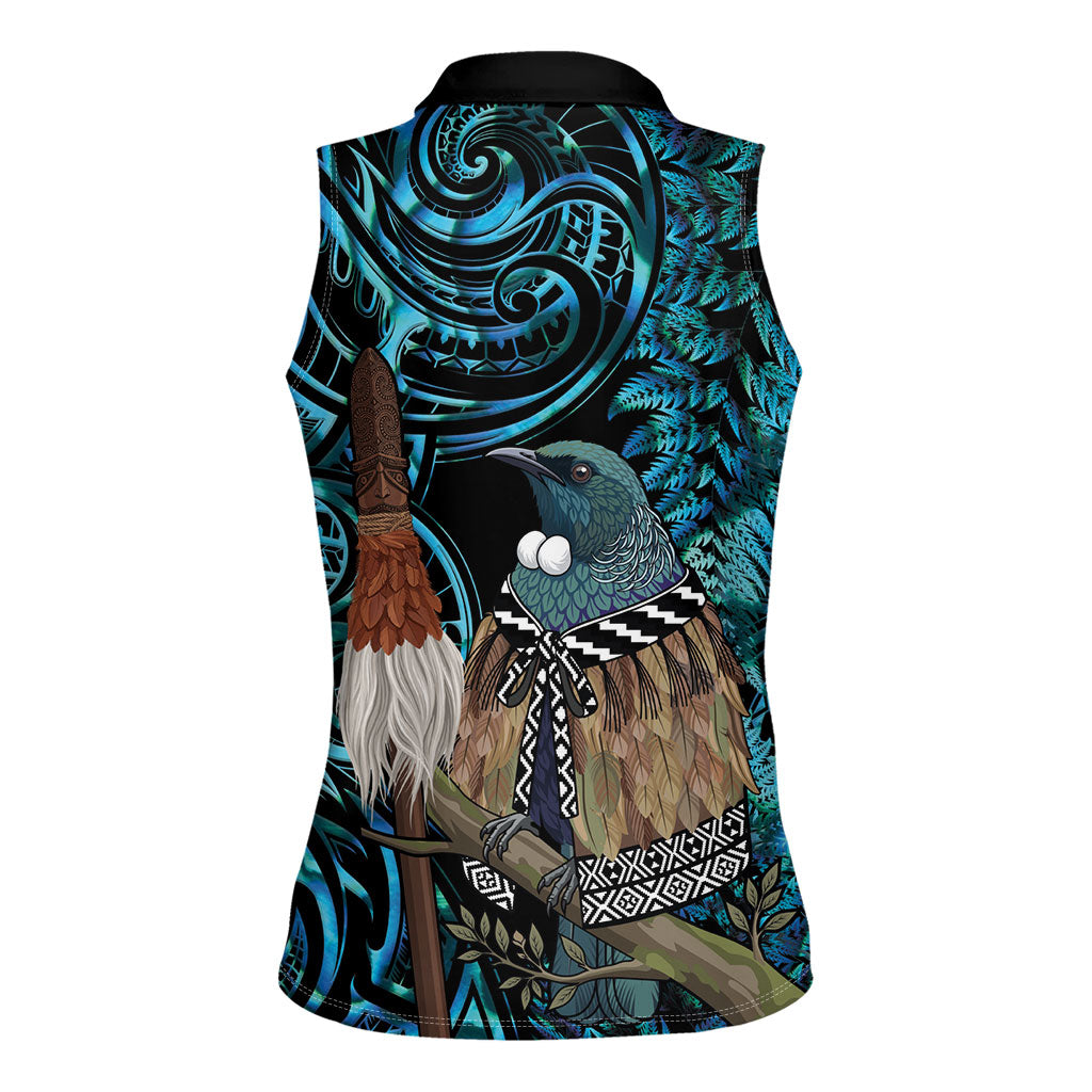 New Zealand Tui Bird Taiaha Women Sleeveless Polo Shirt Maori Weapon Paua Shell Mix Silver Fern LT14 - Polynesian Pride