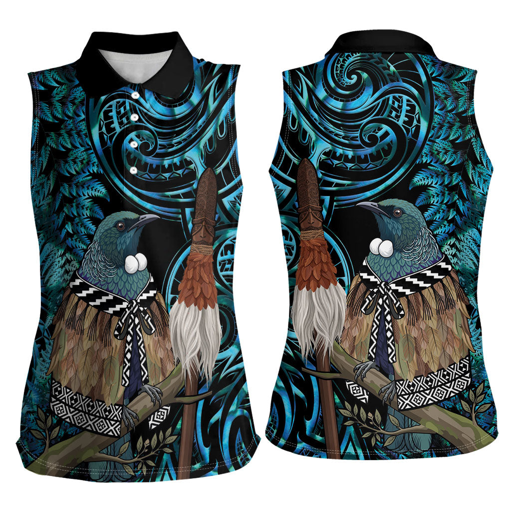 New Zealand Tui Bird Taiaha Women Sleeveless Polo Shirt Maori Weapon Paua Shell Mix Silver Fern LT14 - Polynesian Pride