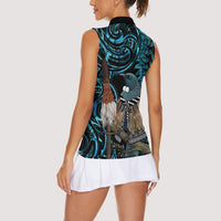 New Zealand Tui Bird Taiaha Women Sleeveless Polo Shirt Maori Weapon Paua Shell Mix Silver Fern LT14 - Polynesian Pride