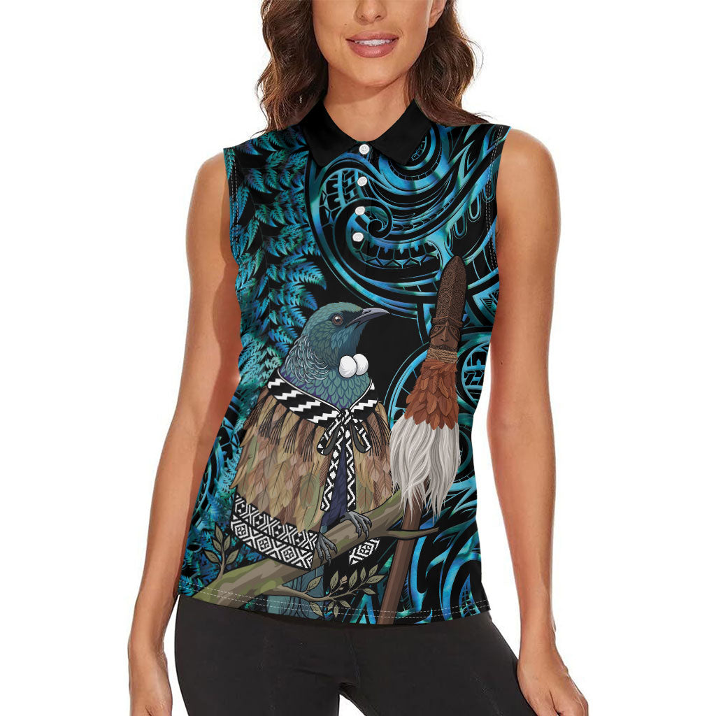 New Zealand Tui Bird Taiaha Women Sleeveless Polo Shirt Maori Weapon Paua Shell Mix Silver Fern LT14 - Polynesian Pride