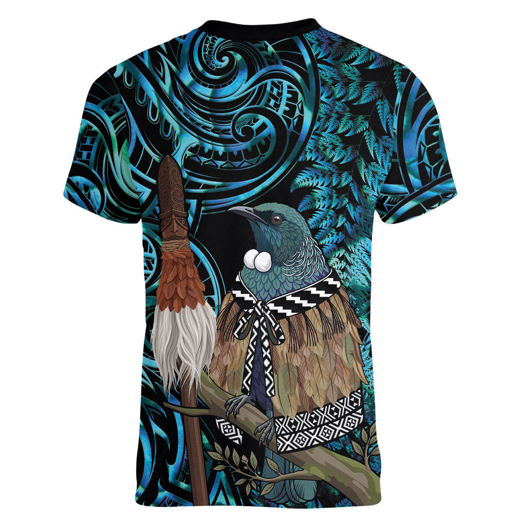 New Zealand Tui Bird Taiaha Women V-Neck T-Shirt Maori Weapon Paua Shell Mix Silver Fern LT14 - Polynesian Pride
