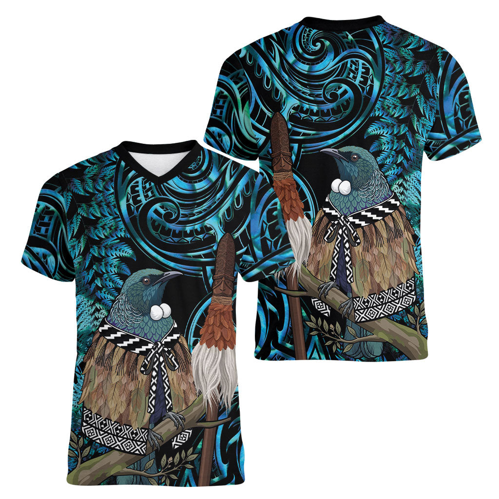 New Zealand Tui Bird Taiaha Women V-Neck T-Shirt Maori Weapon Paua Shell Mix Silver Fern LT14 - Polynesian Pride