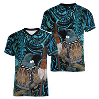 New Zealand Tui Bird Taiaha Women V-Neck T-Shirt Maori Weapon Paua Shell Mix Silver Fern LT14 - Polynesian Pride