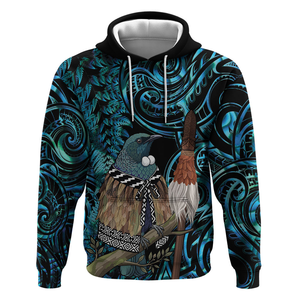 New Zealand Tui Bird Taiaha Zip Hoodie Maori Weapon Paua Shell Mix Silver Fern LT14 Pullover Hoodie Turquoise - Polynesian Pride