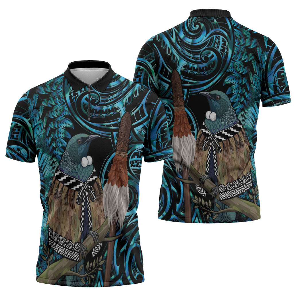 New Zealand Tui Bird Taiaha Zipper Polo Shirt Maori Weapon Paua Shell Mix Silver Fern LT14 - Polynesian Pride