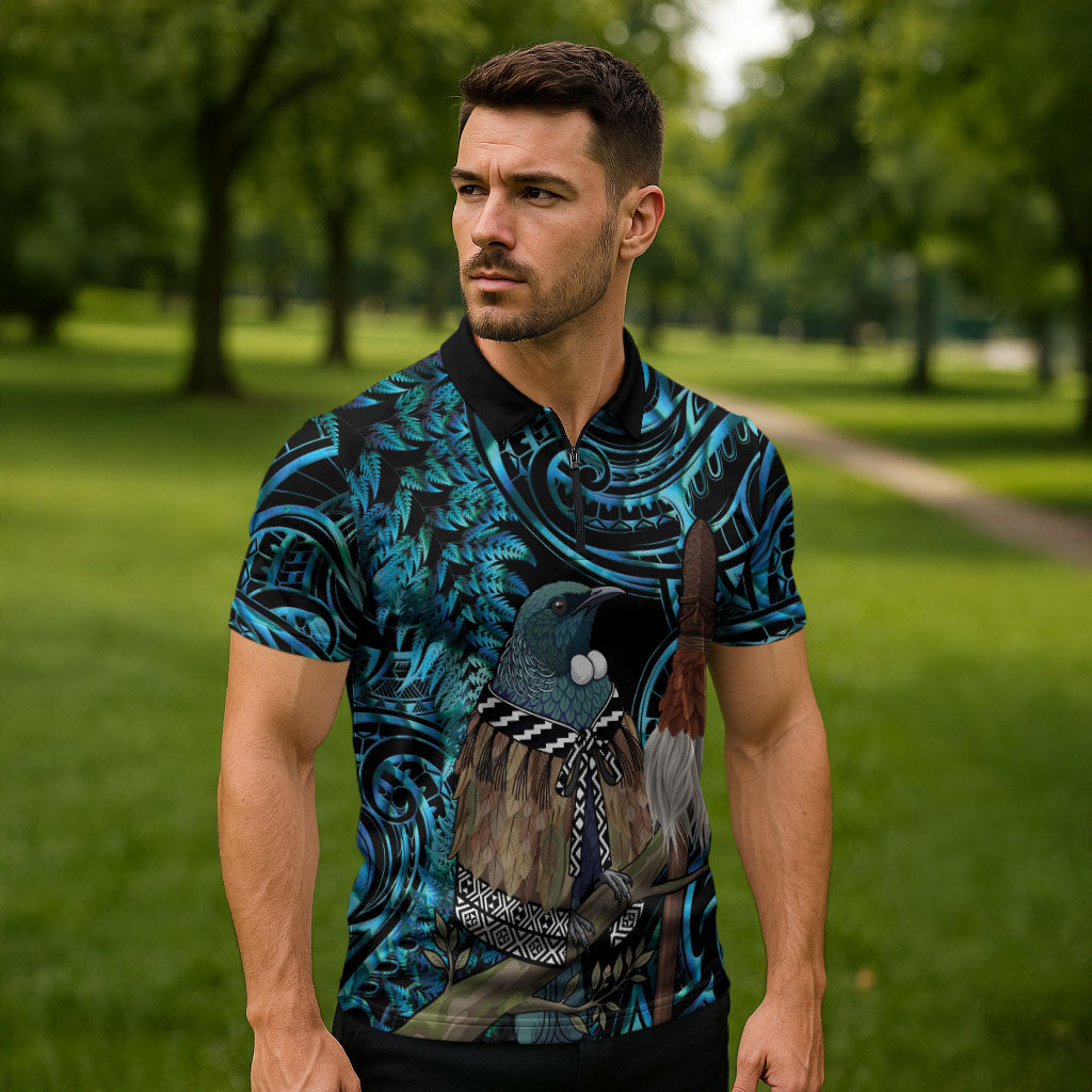 New Zealand Tui Bird Taiaha Zipper Polo Shirt Maori Weapon Paua Shell Mix Silver Fern LT14 - Polynesian Pride