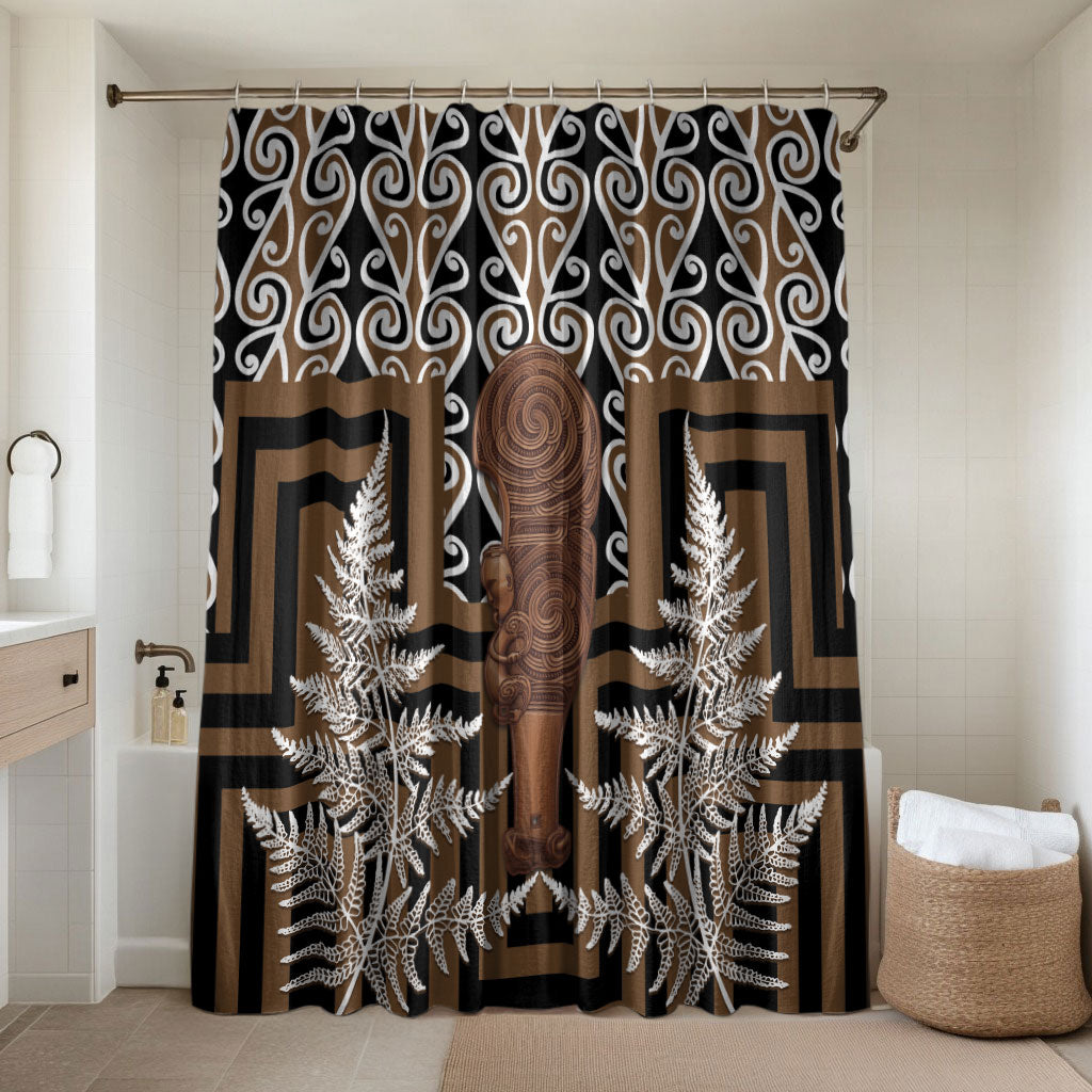 Wahaika New Zealand Bathroom Set Maori Weapon Kowhaiwhai Fern Poutama Motifs LT14 Shower Curtain Only Brown - Polynesian Pride
