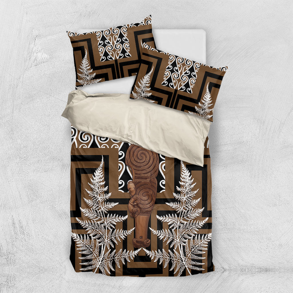 Wahaika New Zealand Bedding Set Maori Weapon Kowhaiwhai Fern Poutama Motifs LT14 US Twin 172cm x 218cm Brown - Polynesian Pride