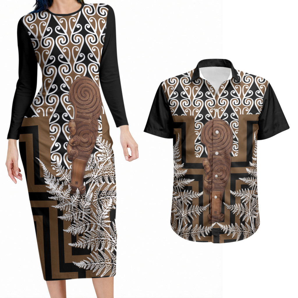 Wahaika New Zealand Couples Matching Long Sleeve Bodycon Dress and Hawaiian Shirt Maori Weapon Kowhaiwhai Fern Poutama Motifs LT14 Brown - Polynesian Pride