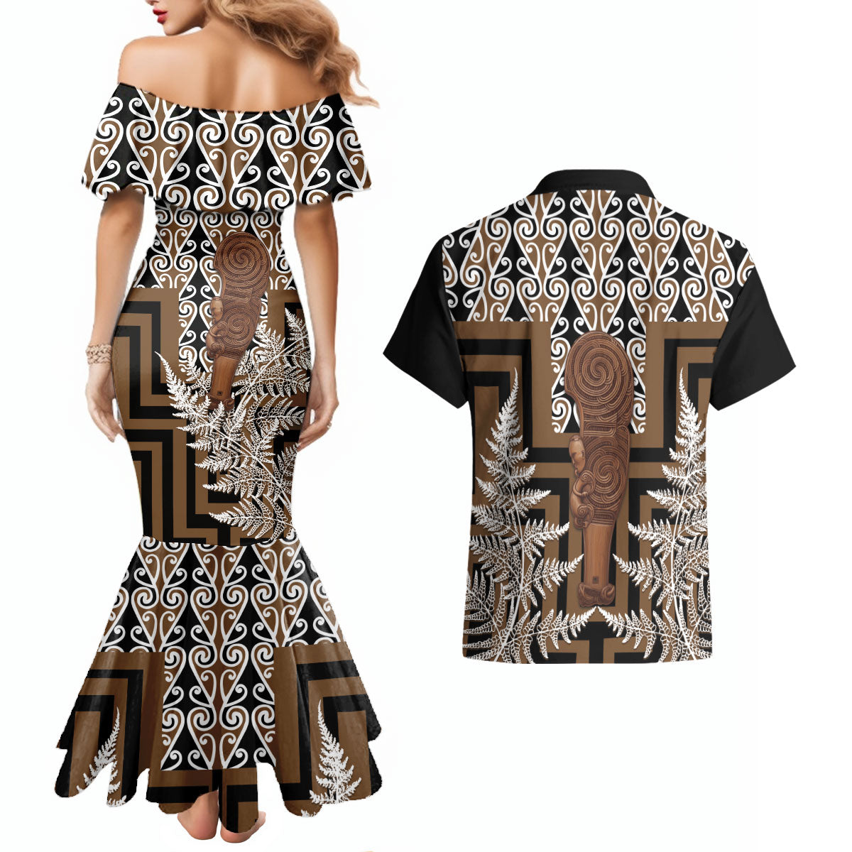 Wahaika New Zealand Couples Matching Mermaid Dress and Hawaiian Shirt Maori Weapon Kowhaiwhai Fern Poutama Motifs LT14 - Polynesian Pride