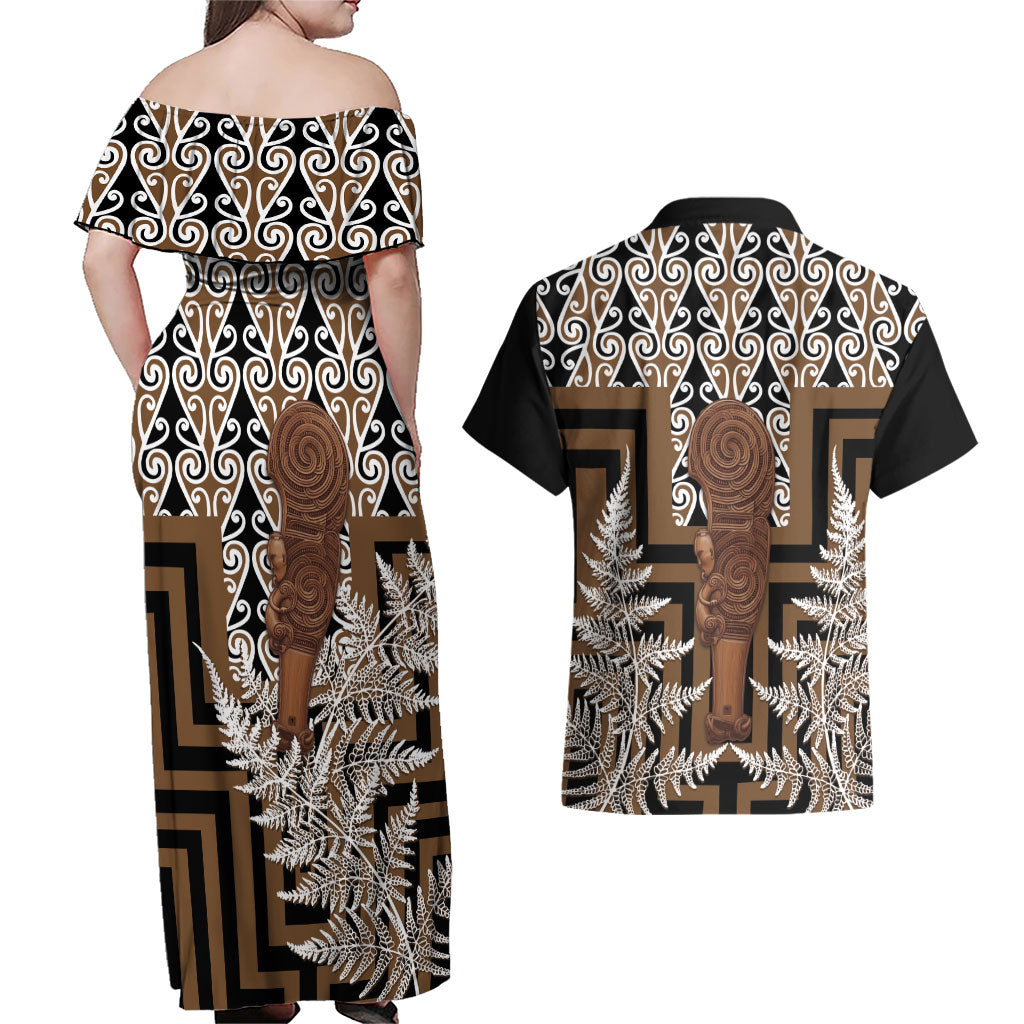Wahaika New Zealand Couples Matching Off Shoulder Maxi Dress and Hawaiian Shirt Maori Weapon Kowhaiwhai Fern Poutama Motifs LT14 - Polynesian Pride