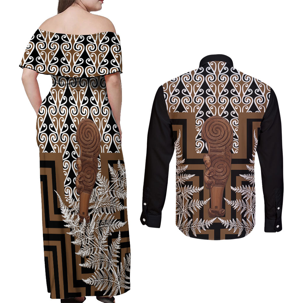 Wahaika New Zealand Couples Matching Off Shoulder Maxi Dress and Long Sleeve Button Shirt Maori Weapon Kowhaiwhai Fern Poutama Motifs LT14 - Polynesian Pride