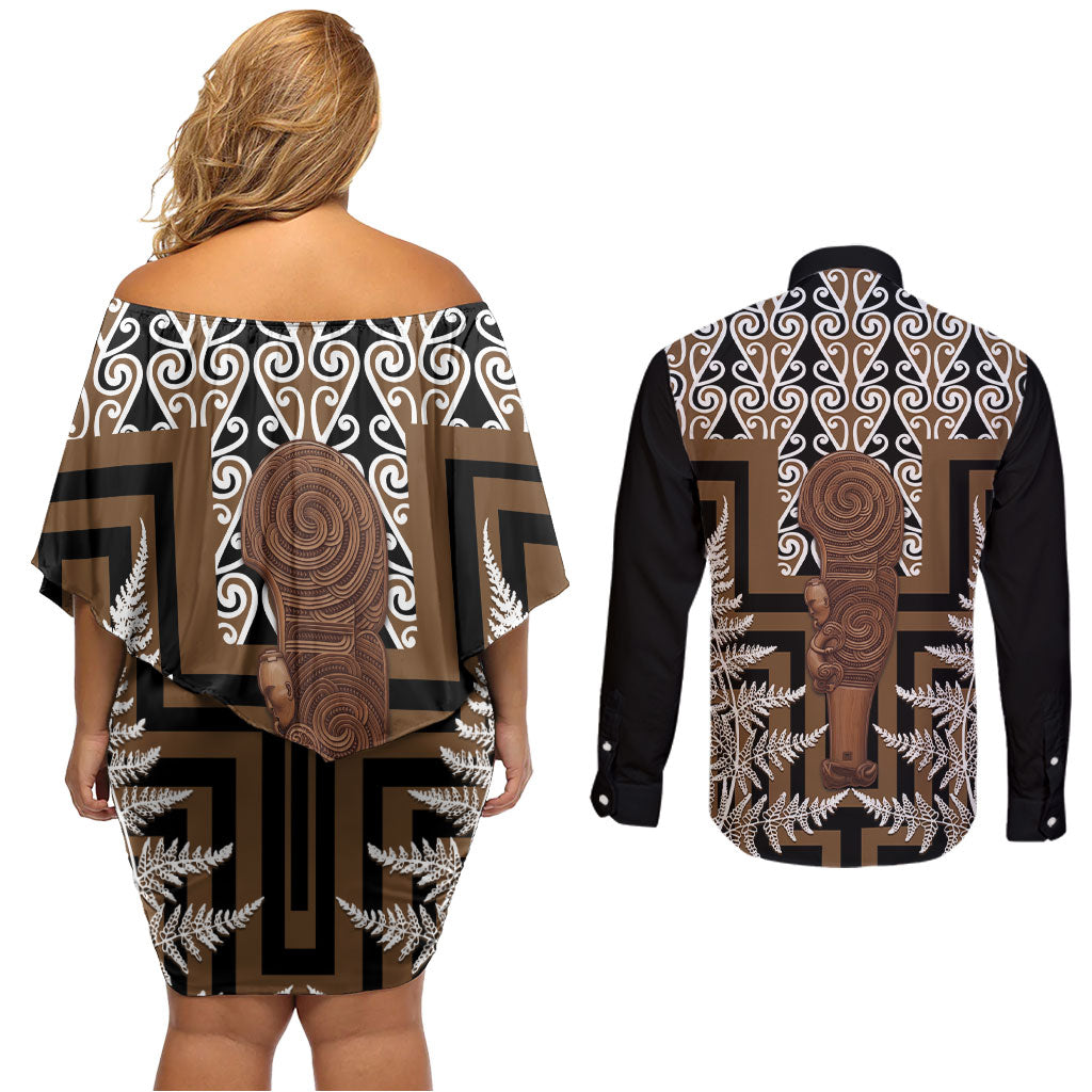 Wahaika New Zealand Couples Matching Off Shoulder Short Dress and Long Sleeve Button Shirt Maori Weapon Kowhaiwhai Fern Poutama Motifs LT14 - Polynesian Pride