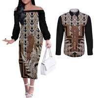 Wahaika New Zealand Couples Matching Off The Shoulder Long Sleeve Dress and Long Sleeve Button Shirt Maori Weapon Kowhaiwhai Fern Poutama Motifs LT14 Brown - Polynesian Pride