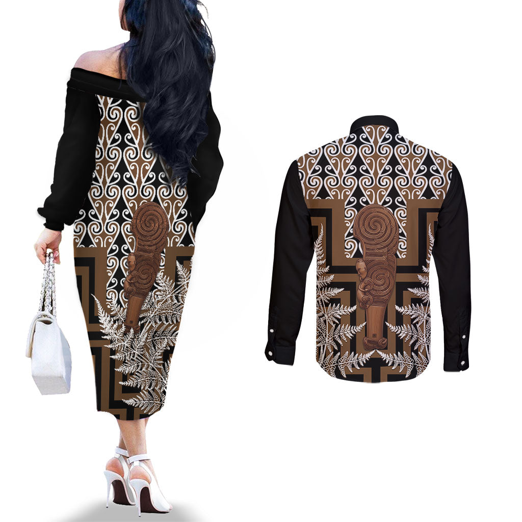 Wahaika New Zealand Couples Matching Off The Shoulder Long Sleeve Dress and Long Sleeve Button Shirt Maori Weapon Kowhaiwhai Fern Poutama Motifs LT14 - Polynesian Pride
