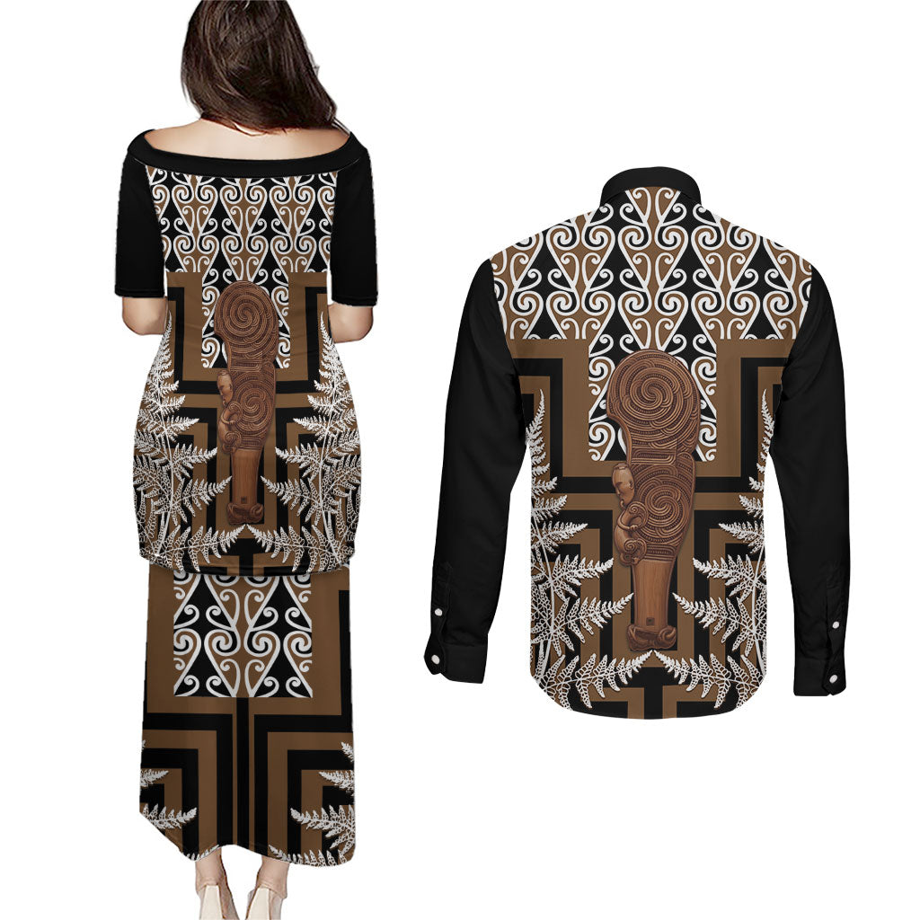 Wahaika New Zealand Couples Matching Puletasi and Long Sleeve Button Shirt Maori Weapon Kowhaiwhai Fern Poutama Motifs LT14 - Polynesian Pride