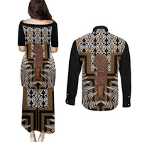 Wahaika New Zealand Couples Matching Puletasi and Long Sleeve Button Shirt Maori Weapon Kowhaiwhai Fern Poutama Motifs LT14 - Polynesian Pride