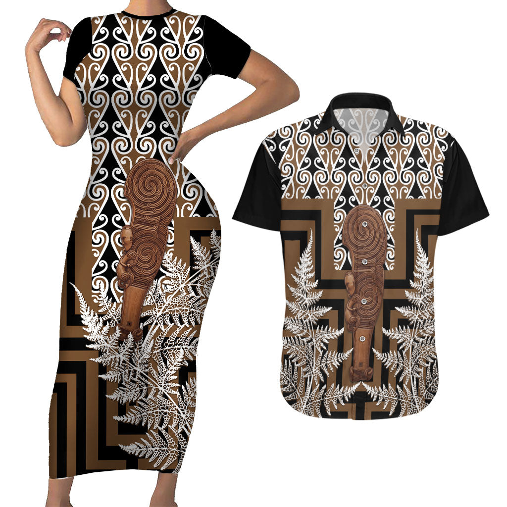 Wahaika New Zealand Couples Matching Short Sleeve Bodycon Dress and Hawaiian Shirt Maori Weapon Kowhaiwhai Fern Poutama Motifs LT14 Brown - Polynesian Pride