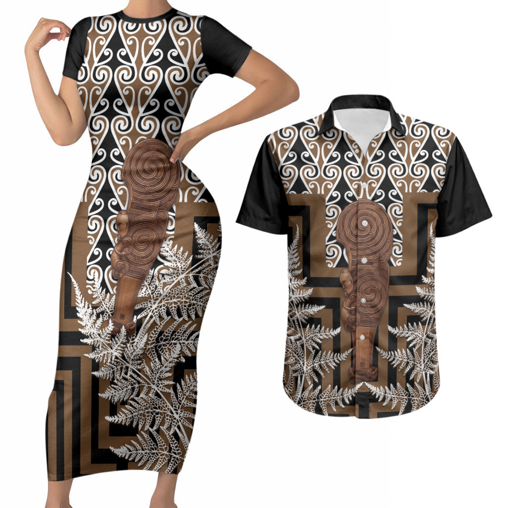 Wahaika New Zealand Couples Matching Short Sleeve Bodycon Dress and Hawaiian Shirt Maori Weapon Kowhaiwhai Fern Poutama Motifs LT14 Brown - Polynesian Pride
