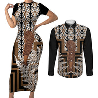 Wahaika New Zealand Couples Matching Short Sleeve Bodycon Dress and Long Sleeve Button Shirt Maori Weapon Kowhaiwhai Fern Poutama Motifs LT14 Brown - Polynesian Pride