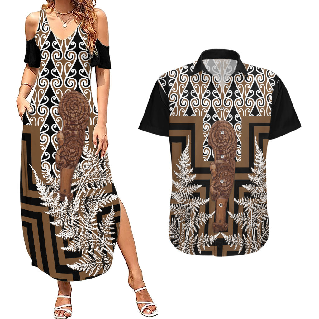 Wahaika New Zealand Couples Matching Summer Maxi Dress and Hawaiian Shirt Maori Weapon Kowhaiwhai Fern Poutama Motifs LT14 Brown - Polynesian Pride