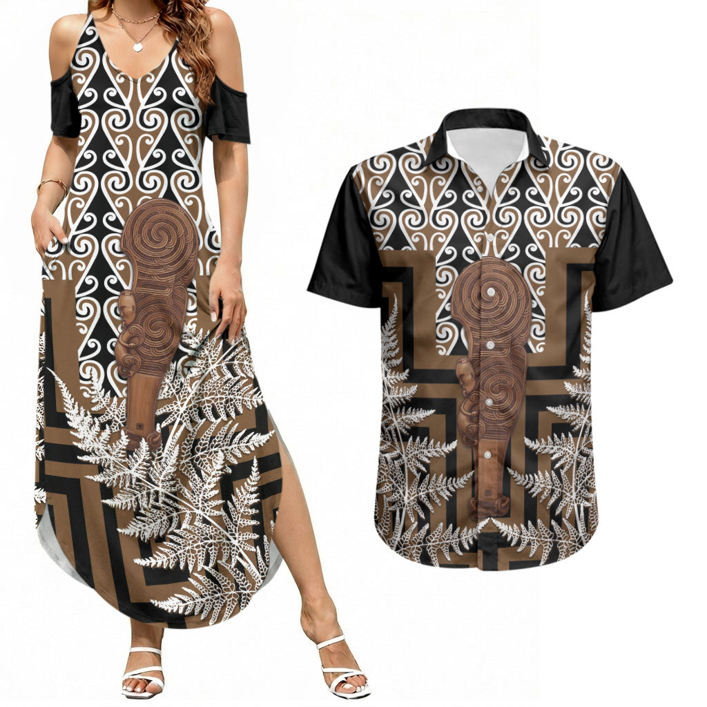 Wahaika New Zealand Couples Matching Summer Maxi Dress and Hawaiian Shirt Maori Weapon Kowhaiwhai Fern Poutama Motifs LT14 Brown - Polynesian Pride