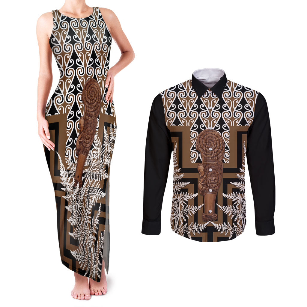Wahaika New Zealand Couples Matching Tank Maxi Dress and Long Sleeve Button Shirt Maori Weapon Kowhaiwhai Fern Poutama Motifs LT14 Brown - Polynesian Pride