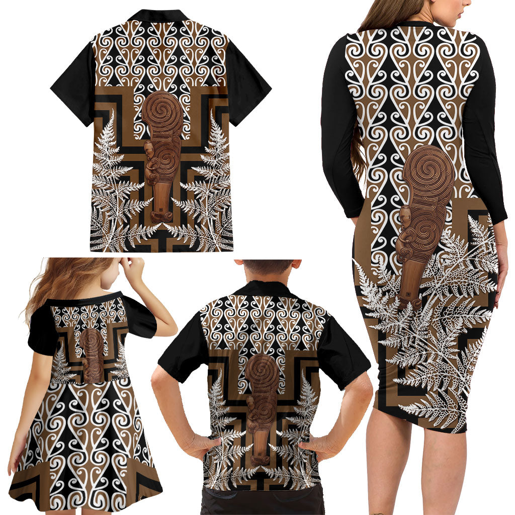 Wahaika New Zealand Family Matching Long Sleeve Bodycon Dress and Hawaiian Shirt Maori Weapon Kowhaiwhai Fern Poutama Motifs LT14 - Polynesian Pride