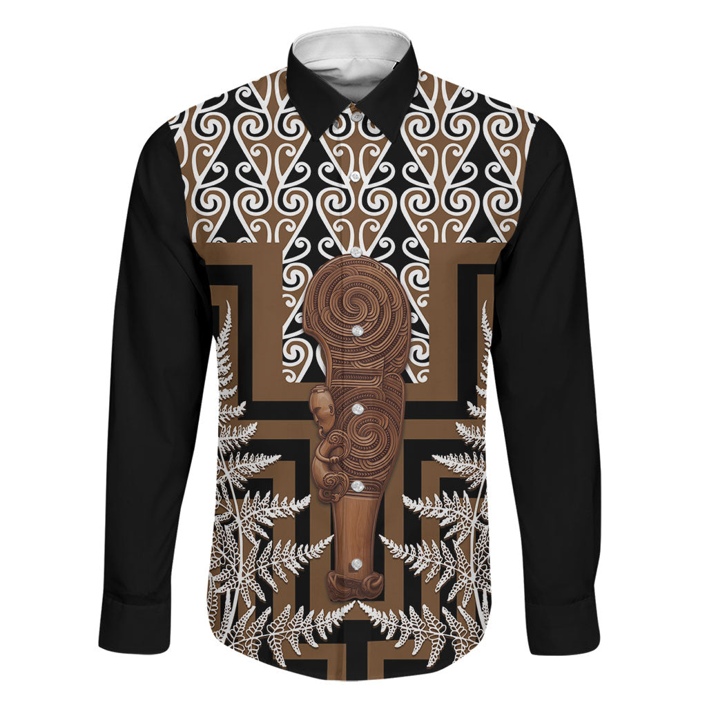 Wahaika New Zealand Family Matching Long Sleeve Bodycon Dress and Hawaiian Shirt Maori Weapon Kowhaiwhai Fern Poutama Motifs LT14 Dad's Shirt - Long Sleeve Brown - Polynesian Pride