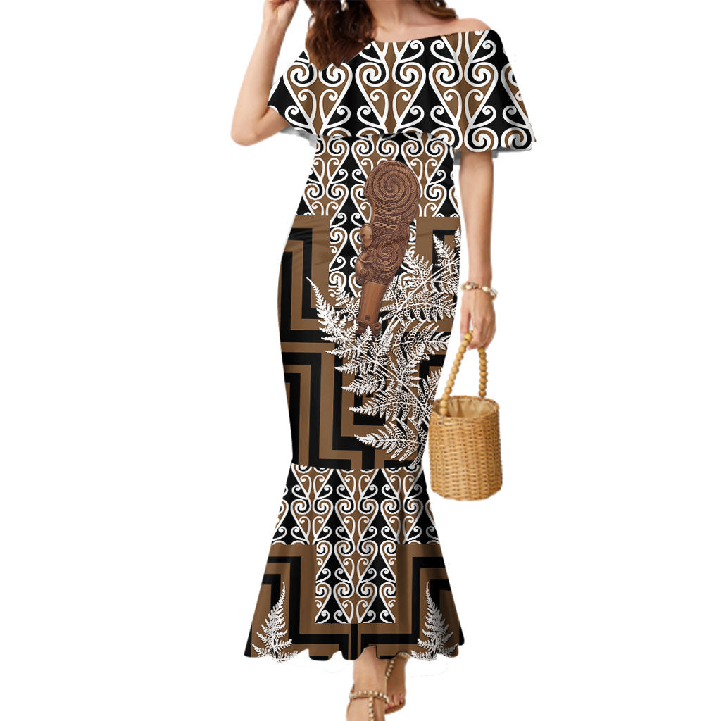 Wahaika New Zealand Family Matching Mermaid Dress and Hawaiian Shirt Maori Weapon Kowhaiwhai Fern Poutama Motifs LT14 Mom's Dress Brown - Polynesian Pride