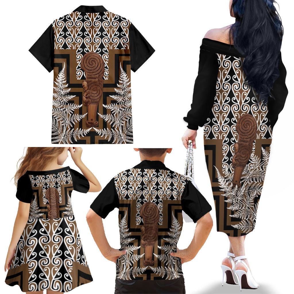 Wahaika New Zealand Family Matching Off The Shoulder Long Sleeve Dress and Hawaiian Shirt Maori Weapon Kowhaiwhai Fern Poutama Motifs LT14 - Polynesian Pride