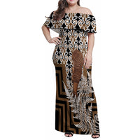 Wahaika New Zealand Family Matching Off Shoulder Maxi Dress and Hawaiian Shirt Maori Weapon Kowhaiwhai Fern Poutama Motifs LT14 Mom's Dress Brown - Polynesian Pride