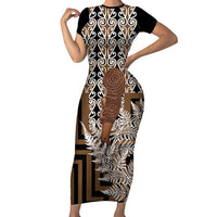 Wahaika New Zealand Family Matching Short Sleeve Bodycon Dress and Hawaiian Shirt Maori Weapon Kowhaiwhai Fern Poutama Motifs LT14 Mom's Dress Brown - Polynesian Pride